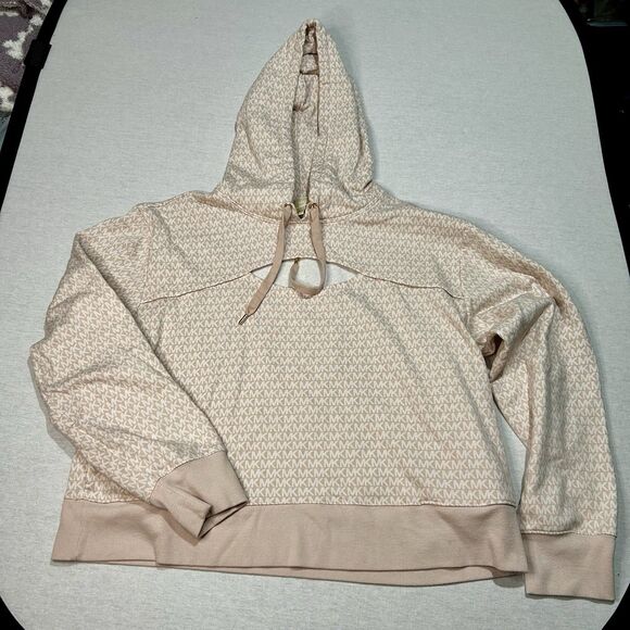 Michael Kors Hoodie Size L, Pink MK Monogram Print, Pockets, Chest Vent - Picture 1 of 4